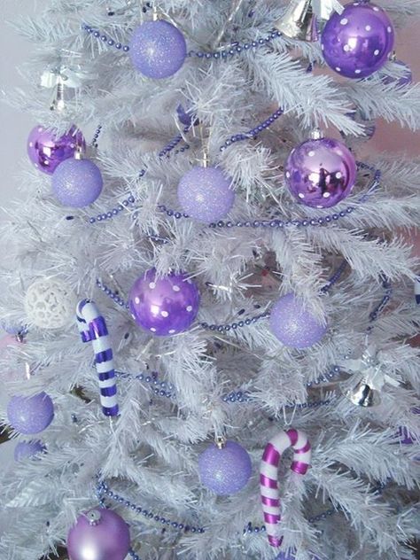 White tree purple ornaments!! Sweet candy tree! Purple Christmas Trees Ideas, White And Purple Christmas Decor, White Christmas Tree Purple Decorations, White Christmas Tree With Purple Decor, Purple And White Christmas Tree, Lilac Christmas Tree, Purple Christmas Aesthetic, Lilac Christmas, Purple Christmas Tree Decorations