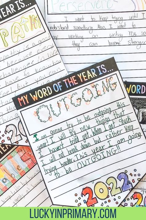 Kick off another year of fun and learning with our exciting New Year's One Word Activity! Perfect for upper elementary students, this engaging project invites kids to think about their year ahead and select one important word that will guide their journey. Say goodbye to resolution failures and hello to successful, goal-oriented students. One Word Resolution, Setting Writing, Classroom 2023, Kids Bulletin Boards, Elementary Bulletin Boards, Celebrate Success, January Bulletin Boards, Goal Oriented, Holiday Writing