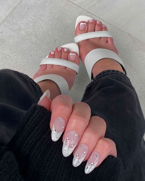 Matching Pedicure And Acrylics, Matching French Manicure And Pedicure, French Mani And Pedi, French Tip Mani Pedi, Matching Pedicure And Manicure, Pearl French Manicure, Manicure And Pedicure Ideas Matching, Matching Mani Pedi Ideas, Mani And Pedi Ideas