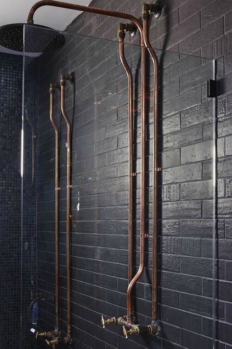 Industrial Stairs Design, Steampunk Room, Victorian Bathrooms, Exposed Plumbing, Steampunk Bathroom, Industrial Stairs, Industrial Style Bathroom, Bathroom Showers, Bathroom Planner