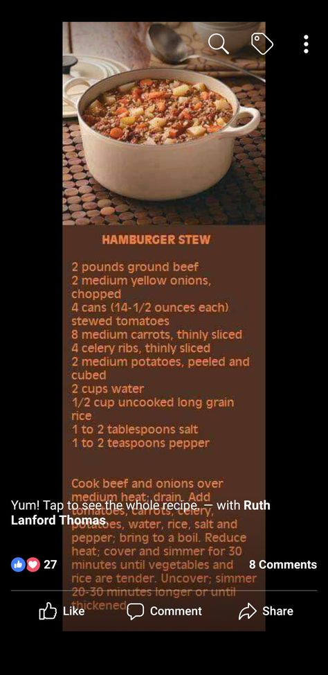 Hamburger Stew Taste Of Home, Hamburger Stew Crock Pot, Soup Recipes With Ground Beef, Beef Stews, Hamburger Stew, Recipes Bbq, Recipes With Ground Beef, Food Beef, Crockpot Chili