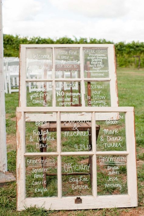 Old Window Decor, Wedding Window, Window Panes, Wedding Ceremony Signs, Wedding Reception Ideas, Antique Windows, Rustic Wedding Signs, Ceremony Signs, Rustic Weddings