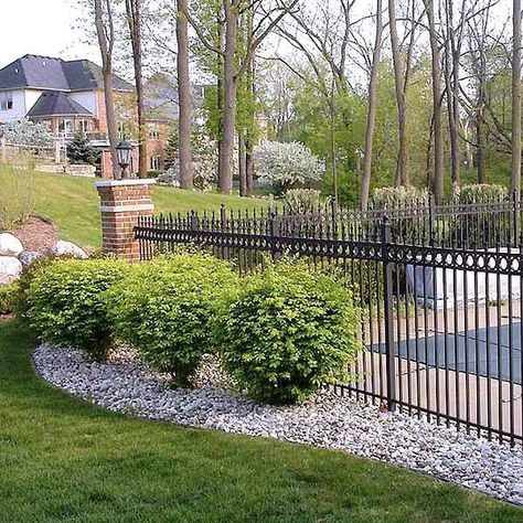 Metal Fence Around Medford MA Pool Wrought Iron Fence Around Pool, Metal Fence Around Pool, Black Aluminum Fence Around Pool, Pool With Fence Around It, Wrought Iron Pool Fence, Fence Around Pool, Aluminum Pool Fence, Landscaping Around Pool, Metal Fences