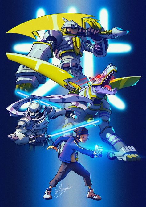 Extended art from Digimon Frontier, I always liked the mecha-like style of the blue main guys. Digimon Crests, Digimon Fanart, Digimon Art, Digimon Wallpaper, Digimon Frontier, Digimon Digital Monsters, Video Game Anime, Teenage Mutant Ninja Turtles Art, Ninja Turtles Art