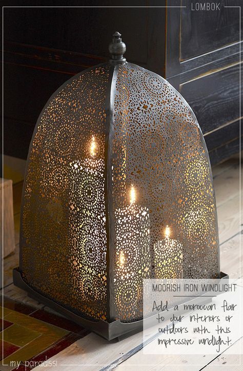 Moorish iron windlight Moroccan Lighting, Moroccan Homes, Moroccan Design, Moroccan Decor, Moroccan Style, Candle Lanterns, Lantern Lights, My New Room, The Floor