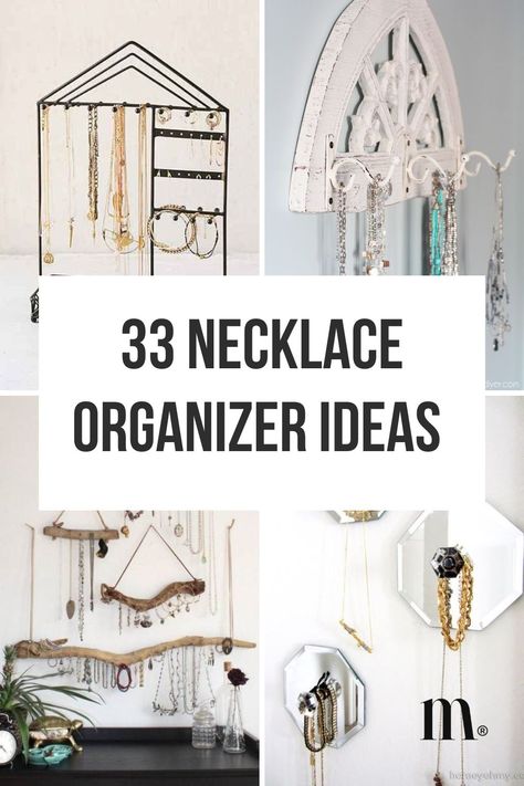 Necklace Organizer Ideas 1 2 Long Necklace Organization, Necklace Drawer Storage, How To Store Necklaces, Necklace Storage Ideas, Organizing Necklaces, Dollar Store Ideas, Necklace Organizer Diy, Diy Necklace Holder, Diy Jewelry Organizer