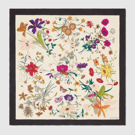 Shop the Silk scarf with Flora Gothic print by Gucci. A recurring motif of the Fall Winter 2018 collection, the Flora Gothic print is a vivid reinterpretation of the House's most recognizable floral pattern, with intense-hued bouquets blooming on a silk scarf. Designed in the '60s by artist Vittorio Accornero, the original Flora print first appeared on a silk scarf commissioned for Princess Grace of Monaco and every season is reworked in new variations. Print Scarf Design, Gucci Flora, Flora Print, Floral Overlay, Gucci Gifts, Scarf Design, Silk Wool, Square Scarf, Silk Scarves