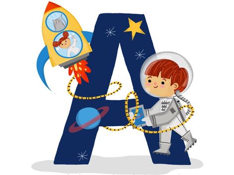 A is for Astronaut by Magdalena Alvarez A Is For Astronaut, Space Printables, Kids Cake Toppers, Tracing Worksheets Preschool, Happy Birthday Text, Astronaut Design, Space Birthday Party, Birthday Text, Space Birthday