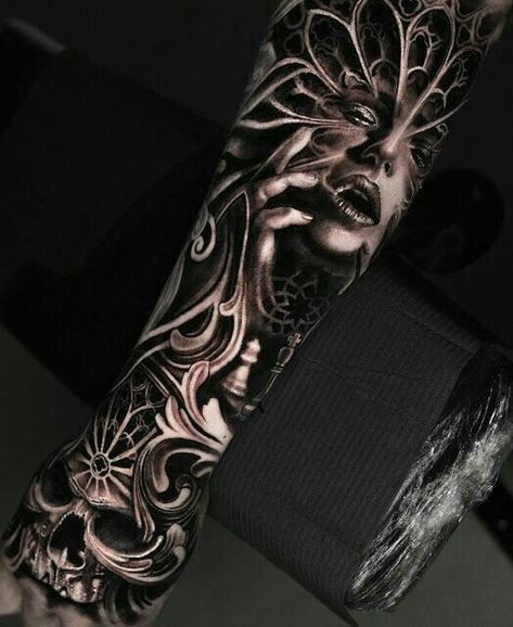 Skull Girl Tattoo, Filigree Tattoo, Tattoos Arm, Rose Tattoos For Men, Men Tattoos Arm Sleeve, Biomechanical Tattoo, Men Tattoos, Tattoo Inspiration Men, Amazing Tattoos