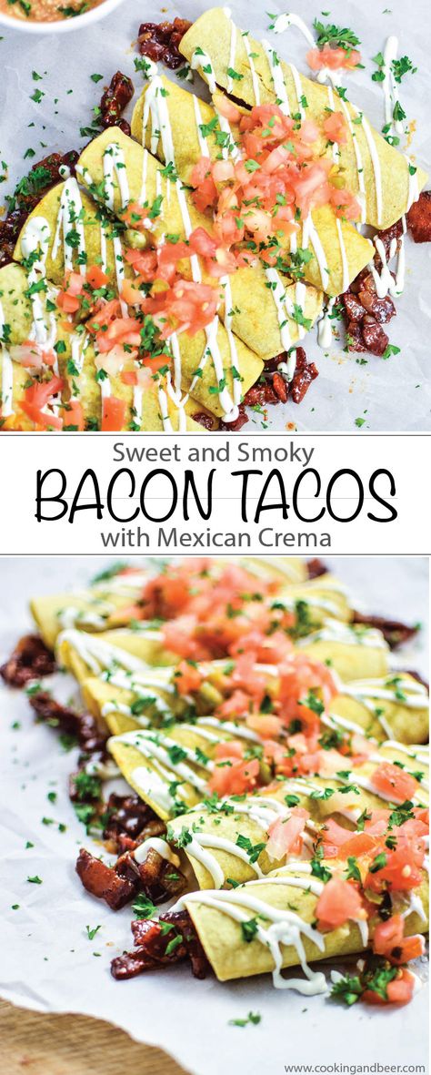 Sweet and Smoky Bacon Tacos with Mexican Crema are gluten free and ready in minutes making it the perfect lunch or weeknight dinner! | www.cookingandbeer.com Dinner Ideas With Bacon, Bacon Tacos, Stovetop Recipes, Bacon Taco, Delicious Dinner Ideas, Mexican Flavors, Mexican Crema, Supper Ideas, Amazing Appetizers