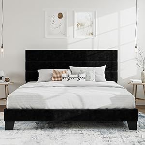 SHA CERLIN King Platform Bed Frame with Velvet Upholstered Headboard, Mattress Foundation with Strong Wooden Slats Support, No Box Spring Needed, Black Black Beds, King Platform Bed Frame, King Platform Bed, Bed Frames, Wooden Slats, Platform Bed Frame, Upholstered Headboard, Box Spring, Platform Bed