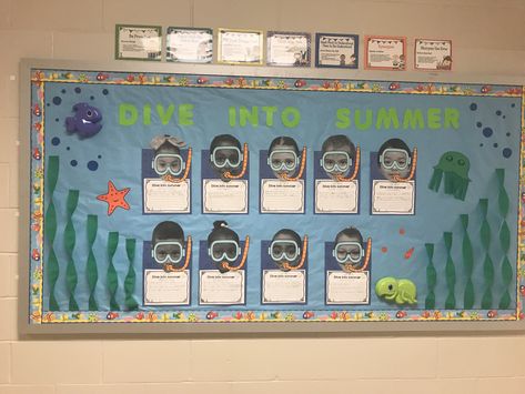 Dive into the summer bulletin board Diving Into Summer Bulletin Board, Dive Into Learning Bulletin Board, Summer Bulletin Board, Summer Bulletin Boards, School Theme, Summer Ideas, School Themes, Reading Corner, Bulletin Boards