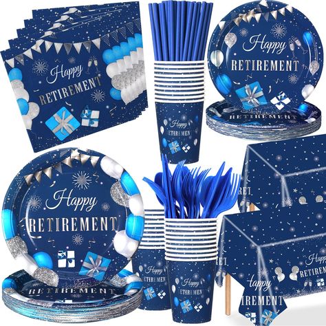 PRICES MAY VARY. Generous Package: our retirement party decorations in blue silver contain 100 each of paper plates (2 sizes) and retirement party napkins, 50 coffee cups, 50 sets of knives, forks, and spoons each, and 50 straws, it's an ideal solution for a retirement theme party, and we also include 2 large sized retirement theme tablecloths Quality Material Adoption: crafted with durable materials, our retirement party supplies boast durability and reliability, each plate, cup, napkin, and st Mens Retirement Party, Law Enforcement Retirement Party Ideas, Retirement Party Ideas Decorations, Blue And Silver Party, Retirement Decorations, Goodbye Party, Retirement Party Decorations, Silver Party, Kids Gift Guide