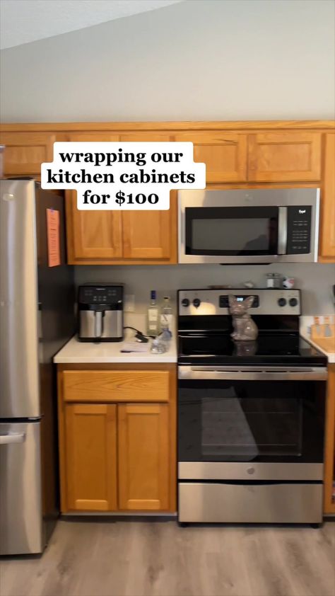 Rental Friendly Diy, Kitchen Cabinets Cover, Renters Kitchen, Vinyl Wrap Kitchen, Wallpaper For Kitchen Cabinets, Cupboard Makeover, Renter Friendly Decorating, Rental Makeover, Wallpaper Cabinets