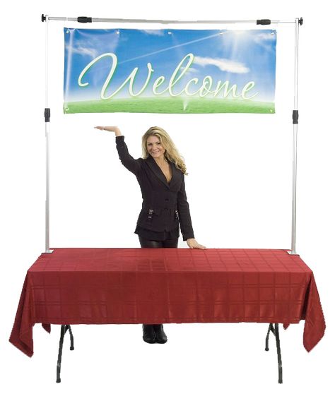 Stand out in a crowd! EZ Frame displays your horizontal banner above the table for max visibility. Banner Holder, Table Top Banner, Banner Craft, Jewelry Tree Display, Craft Show Booths, Pvc Banner, Vendor Displays, Pvc Projects, Store Sign