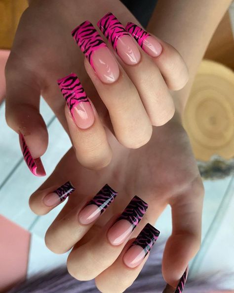 Black And Pink Zebra Nails, Pink And Black Cheetah Nails, Hot Pink Zebra Nails, Pink Zebra French Tip Nails, Zebra Print French Tip Nails, Pink Zebra Print Nails, Zebra Print Nails Designs, 00s Nails, Pink Zebra Nails