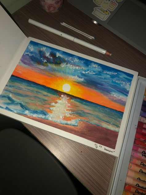 Art by me | Inspired by yt : Swanee art ㅡ oil pastels pentel arts Pentel Oil Pastels Art, Sunset With Oil Pastels, Oil Pastel Art Landscape, Pastel Art Landscape, Pentel Oil Pastels, Oil Pastels Art, Pentel Art, Pastels Art, Painting Sunset