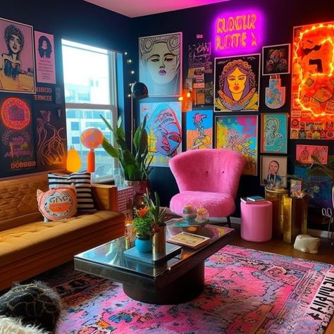 Funky Small Apartments, Dopamine Room Decor, Groovy Living Room Decor, Craft Brewery Aesthetic, Dark Eclectic Maximalism, Retro Maximalist Decor, Weird Furniture Unique, Funky Living Room Decor, Cozy Maximalism Bedroom