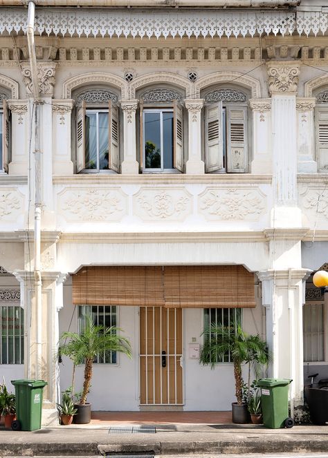 Singapore Colonial Style, Tropical Sun, Wooden Shutters, Conceptual Design, Colonial Style, Colonial House, White Houses, Door Window, Wooden Chair