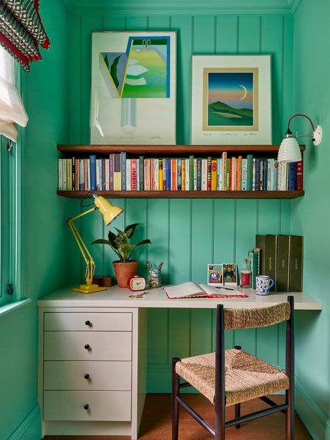 Lonika Chande brings her hallmark flair for colour and pattern to a 19th-century Chelsea house | House & Garden Teal Study, Small Home Study, Lonika Chande, Chelsea Townhouse, Upholstered Banquette, Bed Nook, Tongue And Groove Panelling, Fireside Chairs, Custom Headboard