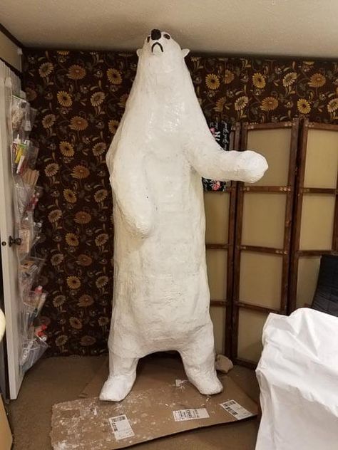 Covering paper mache with Flex Seal to waterproof. Paper Mache Polar Bear, Christmas Paper Mache Decorations, Paper Mache Bear, Christmas Grotto Ideas, Grotto Ideas, Christmas Grotto, Flex Seal, Toys For Tots, Bear Sculptures