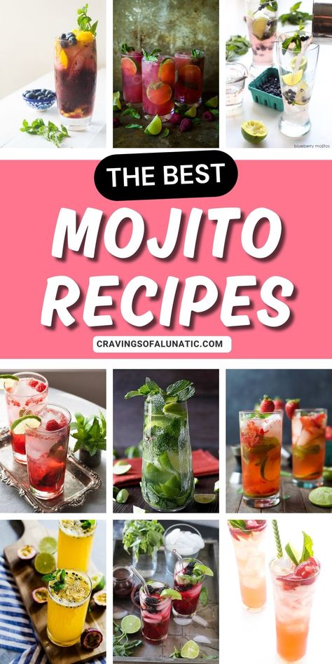 Collage image featuring 9 photos of mojito recipes in glasses with fresh fruit and herbs inside. Mixed Drinks Alcohol Recipes, Friday Cocktails, Best Mojito Recipe, Mojito Recipes, New Years Day Meal, Yummy Cocktails, Mixed Drinks Alcohol, New Year's Eve Recipes, Mojito Recipe