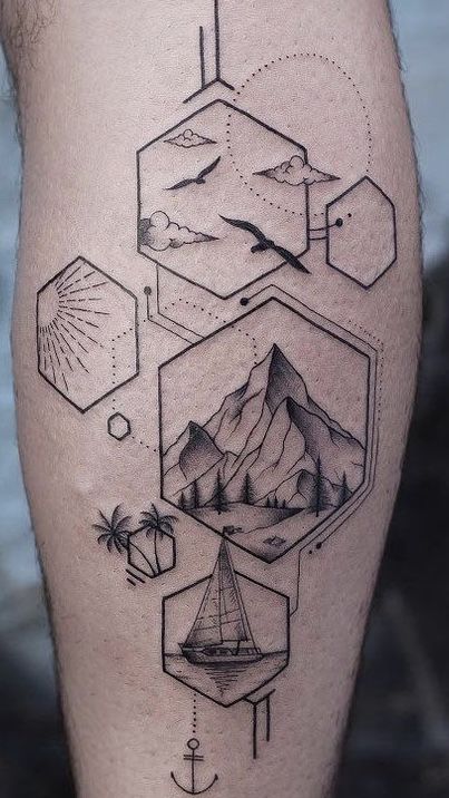 Hexagon Mountain Tattoo, Mountain Ocean Forest Tattoo, Nature Linework Tattoo, Forest And Ocean Tattoo, Geometric Nature Tattoo Sleeve, Calf Tattoo Geometric, Fine Line Nature Tattoo Sleeve, Linework Wolf Tattoo, Men Line Tattoo