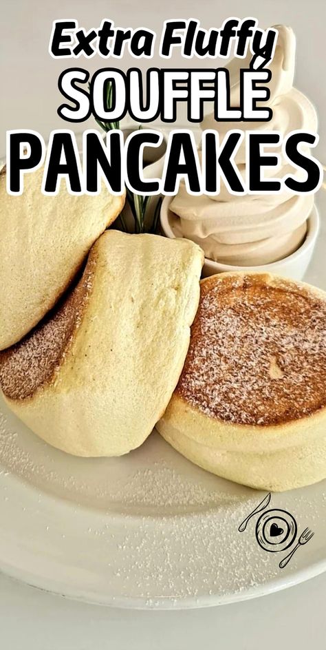 Indulge in the ultimate breakfast treat with these incredibly fluffy soufflé pancakes. Perfectly light and airy, they're sure to elevate your morning routine to new heights of deliciousness. Fluffy Pancakes Souffle, Fluffy Fluffy Pancakes, Gluten Free Souffle Pancakes, Extra Fluffy Pancake Recipe, Fluffy Vanilla Pancakes, Pancake Recipes Fluffy, Easy Souffle Pancakes, Fluffy Souffle Pancakes, Fluffy Flapjack Recipe Easy