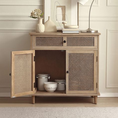 PRICES MAY VARY. 【Modern & Classic】: The rattan buffet sideboard combines aesthetic with practicality. It adopts hand-woven natural rattan that provides a perfect visual effect, adding charm to your home. 【Large Storage Space】: This rattan buffet cabinet with a large drawer for small objects, and a wide tabletop to space store for photos or decoration. Behind its doors is a hidden large space that can keep your room tidy and orderly. 【Premium Material】: Made of high-quality MDF board and solid w Rustic Storage Cabinets, Sideboard Sliding Doors, Sideboard Decor, Accent Storage Cabinet, Sideboard Storage Cabinet, Wood Buffet, Solid Wood Sideboard, Wood Mosaic, Oak Kitchen