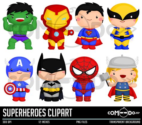 Superheroes Cute Clipart by comodo777 on Etsy Cute Superhero, Superhero Clipart, Fourth Of July Crafts For Kids, Superhero Svg, Chibi Marvel, Super Hero Theme, Spiderman Birthday Party, Avengers Birthday, Superhero Birthday Party