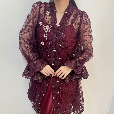 Exquisite detailing and rich color make it a timeless statement piece. Yeva Kebaya Top in Burgundy by @jaleela.id Available at Dresshaus.com Kebaya Burgundy, Kebaya Embroidery, Kondangan Outfit, Dream Dress, Rich Color, Statement Pieces, Make It, Character Design, Ootd