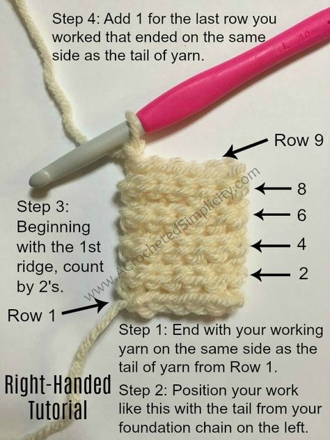 Crochet Tip: 1 Simple Method to Counting Rows - Left & Right Handed Tutorials - A Crocheted Simplicity Crochet Rows, Left Handed Crochet, Craft Hacks, Slip Stitch Crochet, Finger Crochet, Crochet Classes, Crochet Tips, Beginner Crochet Projects, Crochet Lessons