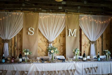 Wedding Party Table Idea Country Wedding Head Table Backdrop, Rustic Wedding Head Table Backdrop, Christmas Stage Decorations, Main Table Wedding, Sweetheart Table Backdrop, Vendor Ideas, Head Table Backdrop, Confetti Balloons Birthday, Wedding Name Tags