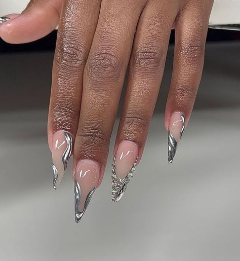 Solar Nails, Long Almond Nails, Sassy Nails, Classy Acrylic Nails, Almond Nails Designs, Beach Nails, Silver Nails, Fire Nails, Funky Nails