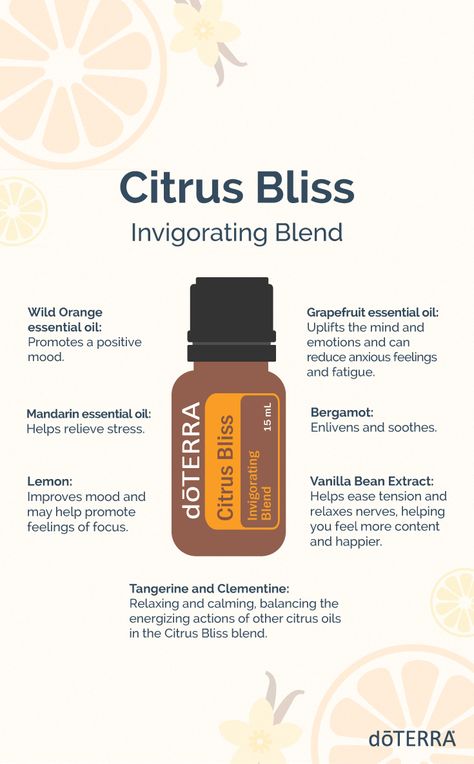 This blend is popularly used to help energize in the morning and during study time, or when you’re feeling an afternoon slump coming on. Citrus Bliss® is often used as a natural fragrance or air freshener, merging seven favorite citrus oils with a touch of pure vanilla. Citrus Bliss Diffuser Blends, Doterra Logo, Doterra Citrus Bliss, Terra Essential Oils, Wild Orange Essential Oil, Afternoon Slump, Mandarin Essential Oil, Essential Oil Education, Doterra Essential Oils Recipes