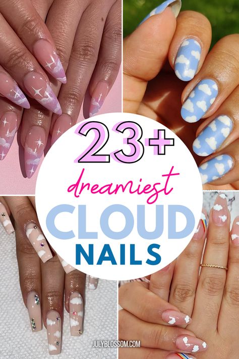 Nail Designs With Clouds, Cloud Tip Nails, Gold Cloud Nails, Clouds Aesthetic Nails, Cloud Inspired Nails, Cloud Gel Nails, Cloud Nail Ideas, Rainbow And Cloud Nails, Clouds Nails Design