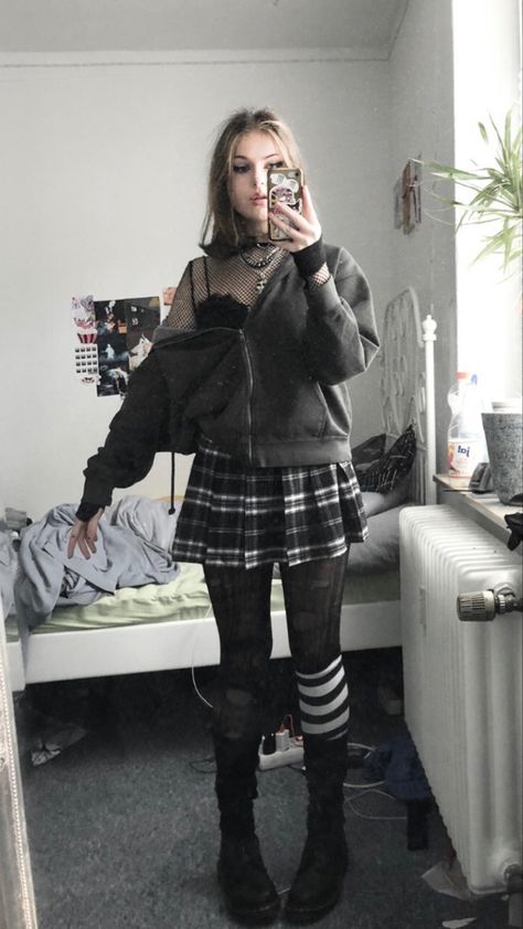 Grunge Outfits With Fishnets, Fish Net Tights Outfit Aesthetic, Doc Marten With Shorts, Fish Net Tights Outfit Skirt, Layered Tights And Fishnets, Fishnet And Skirt Outfit, Egirl Style Outfits, Girlypop Outfits, Alternative Outfits Women