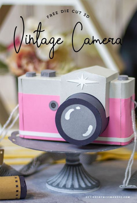 FREE Vintage Camera – 3D Cut File - Designs By Miss Mandee. Retro camera, vintage, film, nostalgic, photography, photography lovers, paper craft, paper crafter, camera, film camera, 3D craft, free template, free cut files, Cricut template, Silhouette, paper art, craft lovers, free design. Nostalgic Photography, Camera Crafts, Paper Camera, Cool Handwriting Fonts, Hanging Craft Ideas, 3d Camera, Blog Design Inspiration, Silhouette Paper, Photo Png