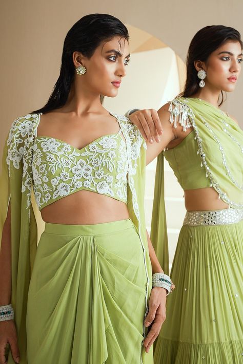 Buy Seema Thukral Green Embellished Cape With Draped Skirt Set Online | Aza Fashions Cape Organza, Smart Casual Women Outfits, Mehendi Outfit, Georgette Skirt, Smart Casual Women, Long Cape, Fabric Skirt, Draped Skirt, Party Wear Indian Dresses