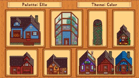 Elle's Seasonal Buildings at Stardew Valley Nexus - Mods and community Stardew Valley Farmhouse Color, Stardew Valley House Exterior Color, Stardew Valley Farm Building Colors, Stardew Valley House Exterior No Mods, Stardew Buildings, Stardew Valley Mods Building, Stardew Building Colors, Stardew Valley Color Palette, Stardew Valley Building Colors