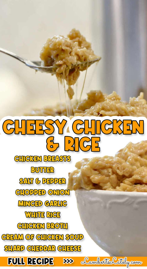 cheesy chicken and rice, with ingredient list. Cheesy Chicken And Rice, Cheesy Chicken Rice, Instant Pot Freezer Meals, Creamy Chicken And Rice, Family Restaurant, Instant Pot Dinner Recipes, Chicken And Rice, Main Course Recipes, Cheesy Chicken