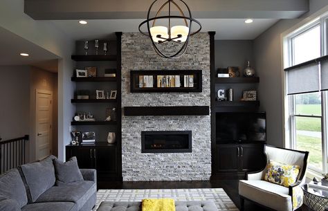 Modern living room with black built ins Built In Cabinets Living Room, Small House Living Room, Wall Shelves Living Room, Small House Living, Fireplace Bookshelves, Living Room Built Ins, Fireplace Built Ins, Black Shelves, Room Refresh