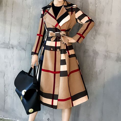 Plaid Coats For Women, Plaid Trench Coat, Winter Trench, Warm Fabric, Plaid Sleeve, Winter Trench Coat, Grid Print, Belted Coat, Coat Outfits