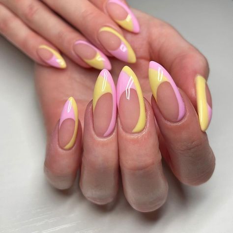 Banana Yellow Nails, Banana Nails, Pink And Yellow Nails, Winter Nail Art Ideas, Yellow Nail Art, Yellow Nail, Spring Acrylic Nails, Almond Nails Designs, Almond Nail