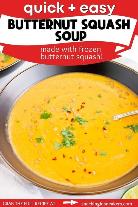 A bowl of butternut squash soup made with frozen butternut squash, with a spoon in it and a text overlay with the name of the recipe. Quick Butternut Squash, Frozen Squash, Freezing Squash, Vegan Butternut Squash Soup, Frozen Butternut Squash, Easy Butternut Squash, Butternut Soup, Butternut Squash Salad, Butternut Squash Recipes Soup