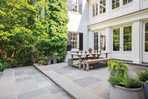 Adjacent to the porch, a terrace is enveloped in climbing hydrangea. Colonial House Backyard Patio, Patio Greenery Ideas, Patio Greenery, Colonial Patio, Formal Landscape, Sunroom Inspiration, Contemporary Colonial, Home Design Architecture, Climbing Hydrangea