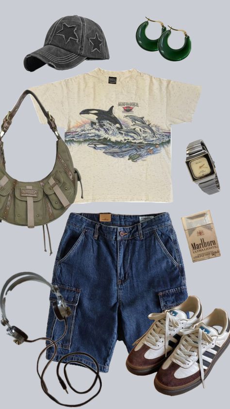 #vintage #outfitcomp #outfitidea #outfitinspiration #sunglasses #sport #baggy #sneakers #docmartens #classy #earings #samba #cap #watch Ftm Outfits, Summer Sports Outfits, Aesthetic Male Outfits, Sunglasses Sport, Blue Jean Outfits, 70s Outfits, Indie Outfits, Swaggy Outfits, Kpop Outfits