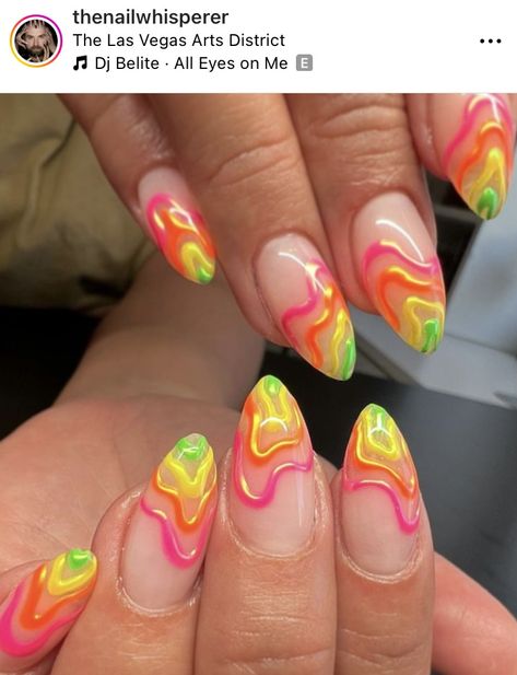 Neon Green And Orange Nails Design, Hailey Bieber Neon Nails, Neon Wavy Nails, Neon Green Oval Nails, Nails Lime Green Neon Yellow, Tiffany Nails, Neon Orange Nails, Neon Yellow Nails, Yellow Nails Design