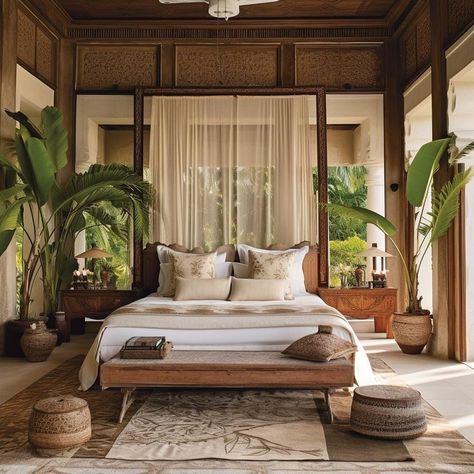 Bali Decor Interior Design, Tropical Bedroom Design, Bedroom Tropical Style, Tropical Houses Interior, Modern Tropical Interior, Bali Interior Design, Wooden Bed Ideas, Bali Bedroom, Tropical Bedroom