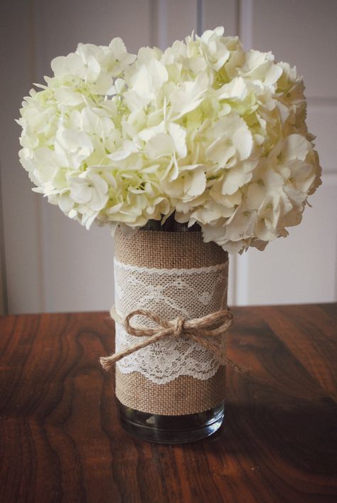 Burlap Crafts Diy, Lace Vase, Cotton Decor, Vintage Bridal Shower, Diy Burlap, Burlap Crafts, Burlap Lace, Rustic Bridal, Bridal Shower Rustic